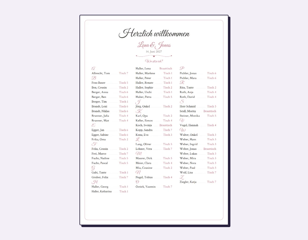 Sitzplan-Poster alphabetisch als Wo-sitze-ich-Liste