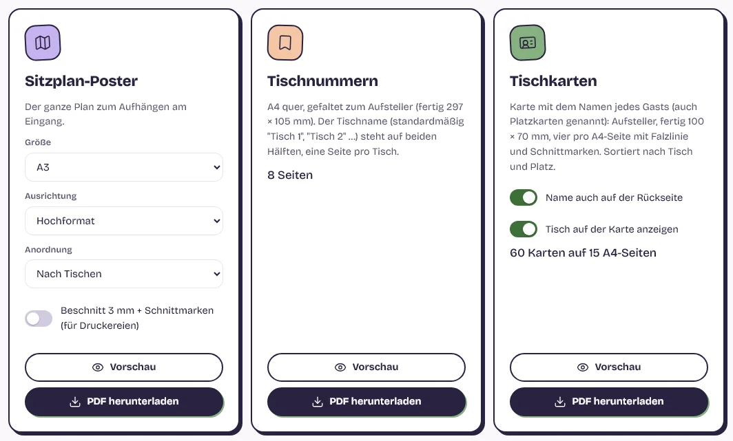 Schritt Drucken mit den Kacheln Sitzplan-Poster, Tischnummern und Tischkarten zum PDF-Export