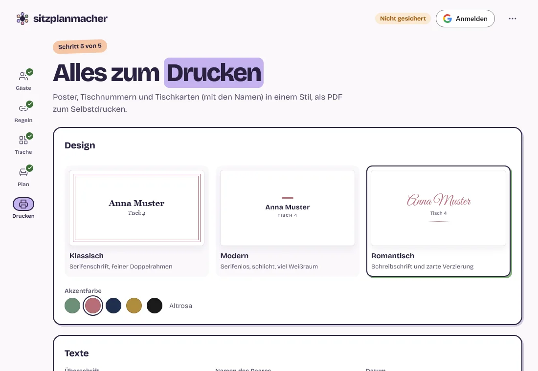 Schritt Drucken: Auswahl von Design und Farbe sowie Poster, Tischnummern und Tischkarten