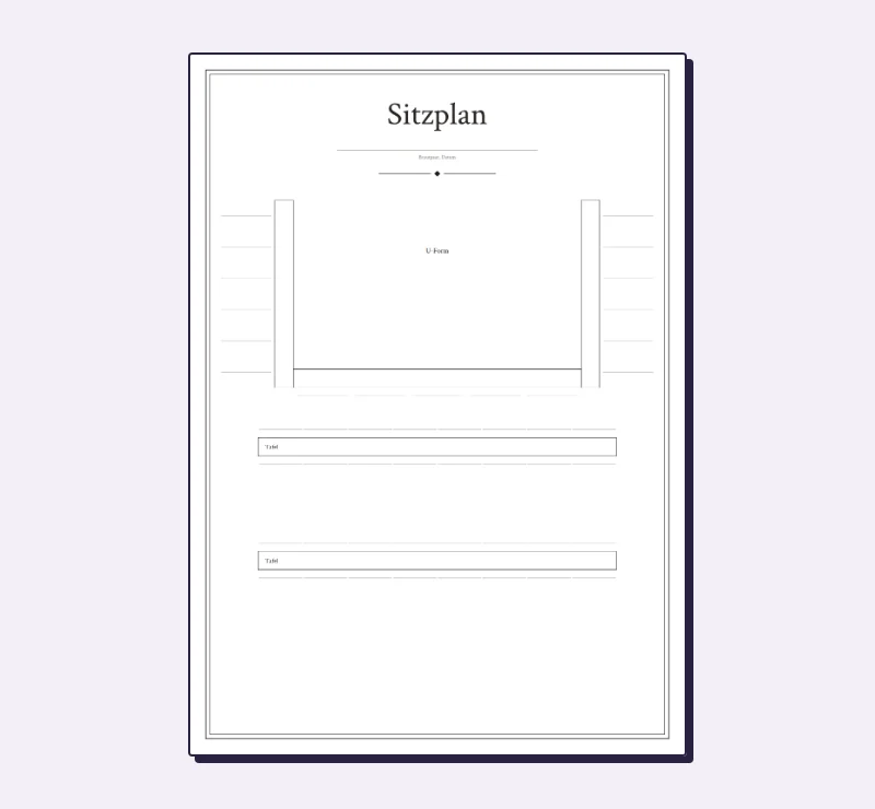 Leeres Sitzplan-Poster im Format A3 mit langen Tischen in U-Form und Linien für Namen